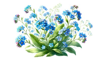 Watercolor forget-me-not clipart with small blue flowers and green leaves