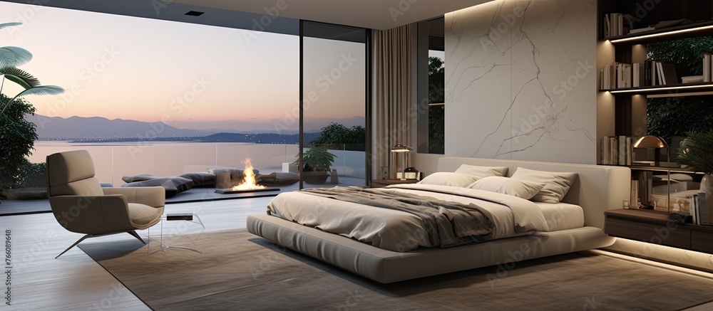 Poster a spacious bed frame made of wood is the focal point of the room, offering a comfortable place to re