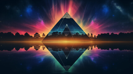 pyramid in the night, A neon triangle framing a starry night over a lake, complemented by a synthwave color gradient  - obrazy, fototapety, plakaty