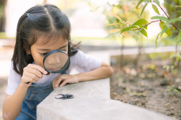 A young girl is looking through a magnifying glass at a bug