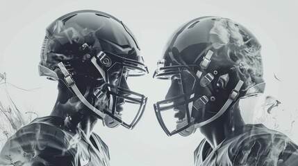 Two Football Players Facing Off With Helmets On