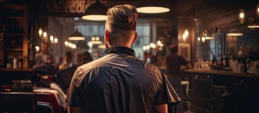 A man in a hat stands in a dark barber shop, observing a crowd at an entertaining event. The room is filled with fun and excitement, as people mingle and socialize
