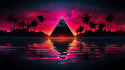 A neon triangle bordering the calm waters of a lake, with a retro synthwave palette in the...