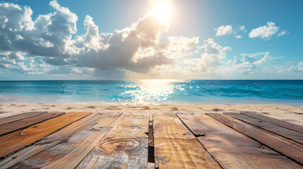 The blur cool sea background with wood floor foreground on horizon tropical sandy beach