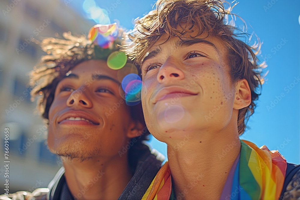 Wall mural Faces of inter-racial gay male couple looking happy