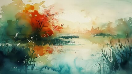 A Painting of a Lake With Trees - obrazy, fototapety, plakaty