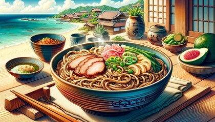 Savory Okinawa Soba with Sanmai-niku: A Culinary Delight - Generative AI - obrazy, fototapety, plakaty