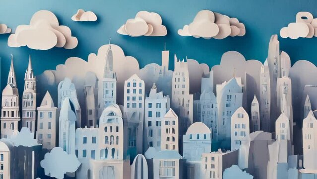 Three-dimensional cut-out art of an urban cityscape crafted in white paper, with buildings and homes layered, and clouds depicted in the background.

