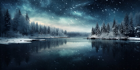 misty morning on the river, Starry winter night sky with constellations overhead, Frozen Pond in a Winter Wonderland, Generative AI