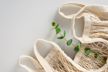 Eco-friendly lifestyle. Fabric reusable bag and green plant branch. Free space. Zero waste concept