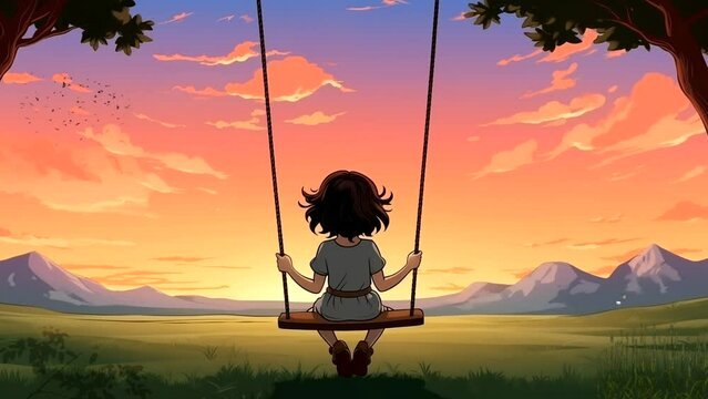 Little girl playing swing under the tree at sunset, for Lofi background music. seamless looping 4k time-lapse animation video background