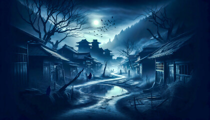 Moonlit Old Village Street with Traditional Houses Artwork