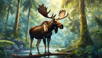 Moose standing near palm trees in rainforest wooded background, wild animals and nature on digital art concept, Generative AI. - obrazy, fototapety, plakaty