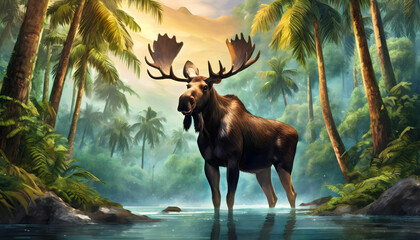 Moose standing near palm trees in rainforest wooded background, wild animals and nature on digital art concept, Generative AI.
