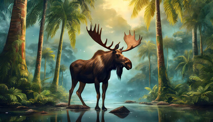 Moose standing near palm trees in rainforest wooded background, wild animals and nature on digital art concept, Generative AI.
