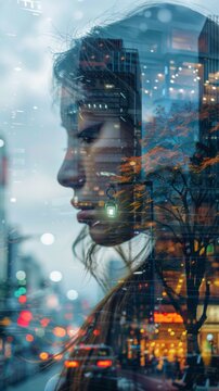 Woman Observing City Night Lights Through Window
