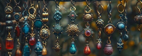 Bring the essence of fate and individual aspirations to life through a striking low-angle view of enchanting keychains Rich in symbolic detail and crafted with materials