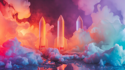Colorful rockets with clear colored sticks. - obrazy, fototapety, plakaty