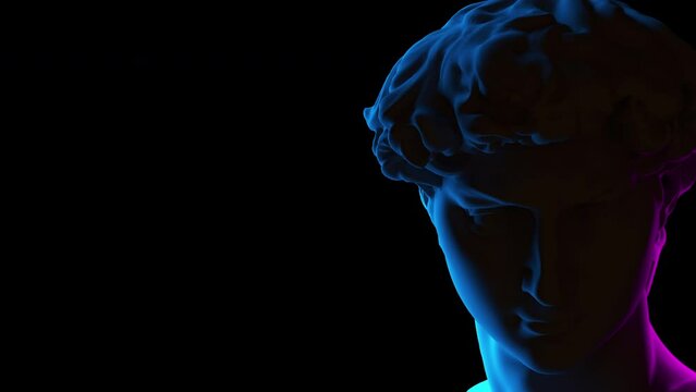 Neon bright colors with a 3D model of a roman statue head. Vaporwave colors and mood with techonology digital noise. Classical statue head. 4k resolution motion video. High quality 4k footage.