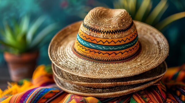 Cinco de Mayo Sombrero, straw hat on colorful striped Mexican blanket, close up. 