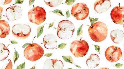 Pattern of Apples With Leaves on White Background