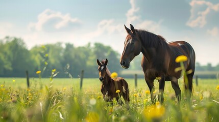 Over meadow grass, a mother horse and her young foal are playing alongside it bonding love and space, Generative AI. - obrazy, fototapety, plakaty