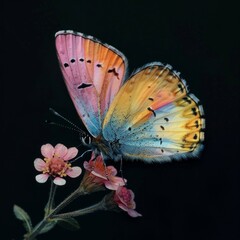 Macro shot of an exquisite butterfly with wings spread on blossoms against black background