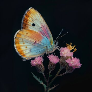 An eye-catching butterfly on pink flowers showcases the brilliant colors and patterns of its wings