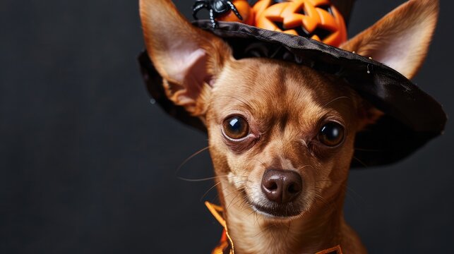 Close-up of a brown, short-haired Chihuahua dog on a black background wearing a Halloween witch hat with a pumpkin face and spider decorations.