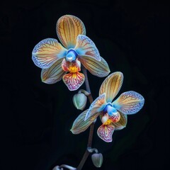 Obraz na płótnie Canvas A captivating image of three yellow orchids showing off their blue-tinged details, set against a smoky dark background