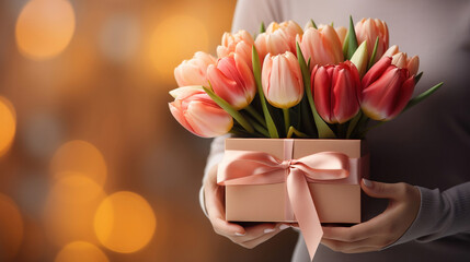 Woman hand giving gift with tulips for a girl