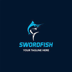 Swordfish Logo isolated on dark blue background. Design swordfish for logo, Simple and clean flat design of the swordfish logo template. Suitable for your design need, logo, illustration, animation.