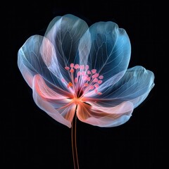Showcasing the fragility and elegance of nature, this translucent flower shines with a gentle luminosity against the darkness
