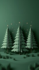 Green paper pine trees on green background with Merry Christmas text. 3D Rendering, 3D Illustration, Generative AI