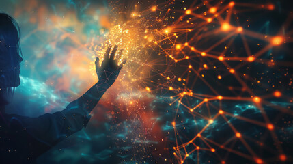 A visual metaphor for internet communication, a person reaching out towards glowing, interconnected digital nodes, symbolizing global connectivity.