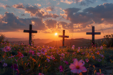 Three beautiful, flowery crosses on a hillside with a beautiful sunrise in the background, representing hope and resurrection. - obrazy, fototapety, plakaty