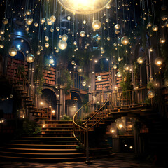 Enchanted library with floating books and glowing orbs - obrazy, fototapety, plakaty