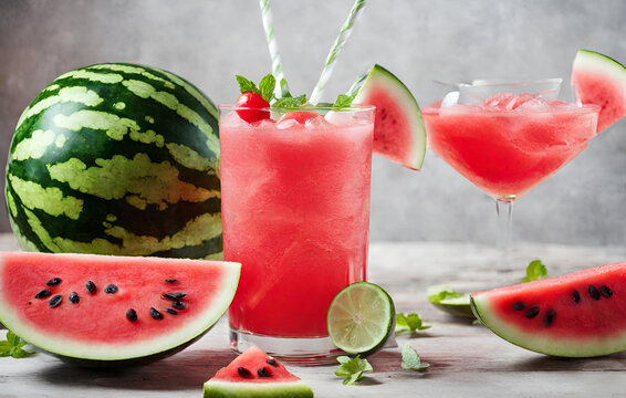 Watermelon juice with mint in glass isolated on white background
