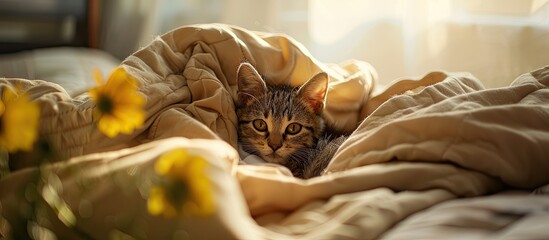 A small Felidae carnivore, the kitten, is nestled under a natural material blanket on a bed. Its...