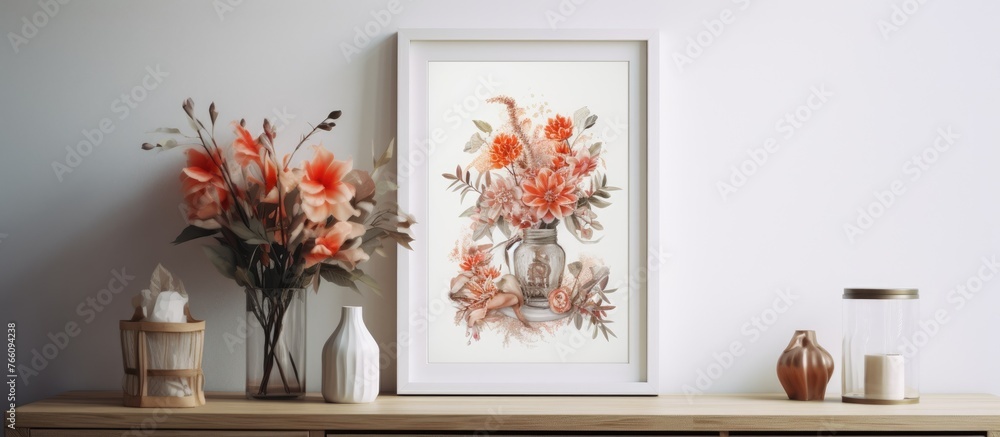 Poster a decorative print of a colorful flower arrangement enclosed in a picture frame displayed on a woode