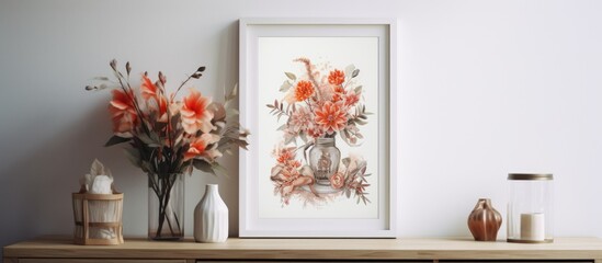 A decorative print of a colorful flower arrangement enclosed in a picture frame displayed on a wooden shelf