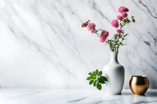 Vase and flower on white marble tabl
