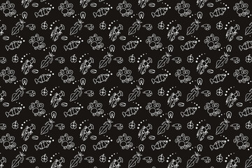 Seamless pattern. White pattern on a black background. Food. Seafood. Fish, crayfish, squid, octopus, mussels. Background for computer screen, phone. Fabric print, texture.