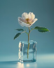 Fototapeta na wymiar A delicate white flower stands elegantly in a small, translucent glass vase against a serene blue background, suggesting purity and simplicity
