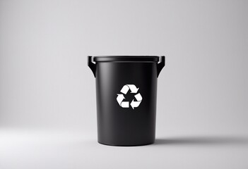 a black trash can with a recyclable recycle logo on it.