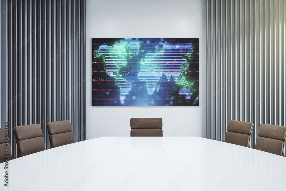 Poster abstract creative world map on presentation screen in a modern conference room, international tradin