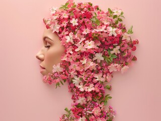 A vibrant collection of pink-hued flowers combined to resemble a human profile, symbolizing rebirth and freshness