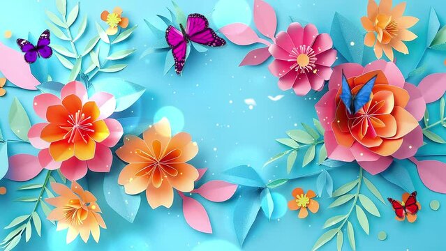 bright origami spring sale flowers banner paper cut on blue background. seamless looping overlay 4k virtual video animation background