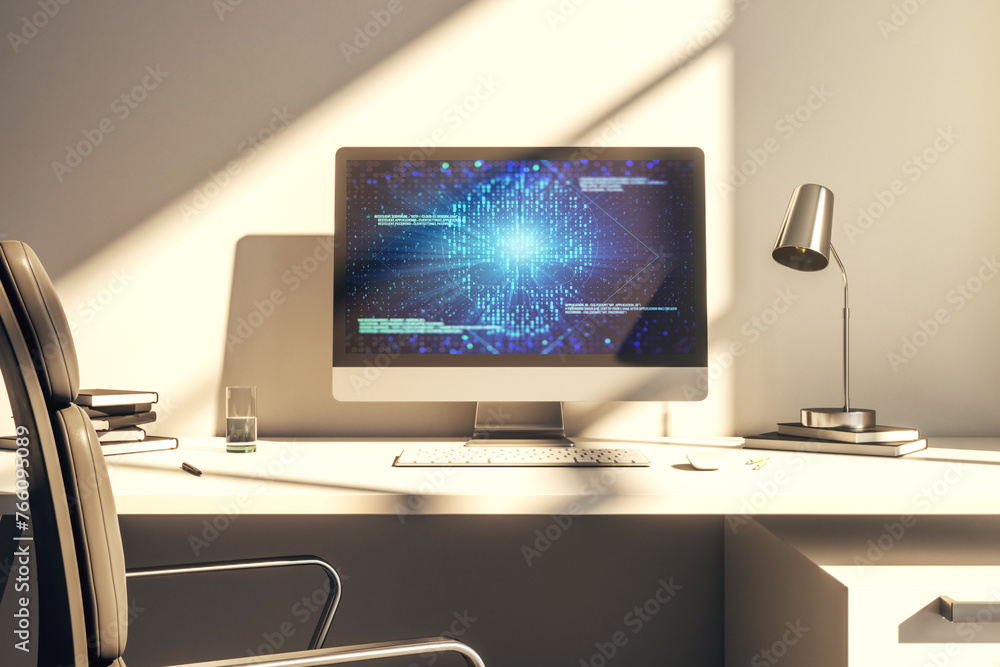 Poster Modern computer monitor with creative code skull hologram. Malware and cyber crime concept. 3D Rendering