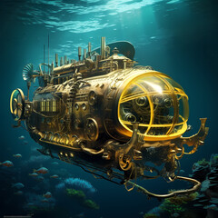 Steampunk-inspired submarine exploring the depths of the ocean